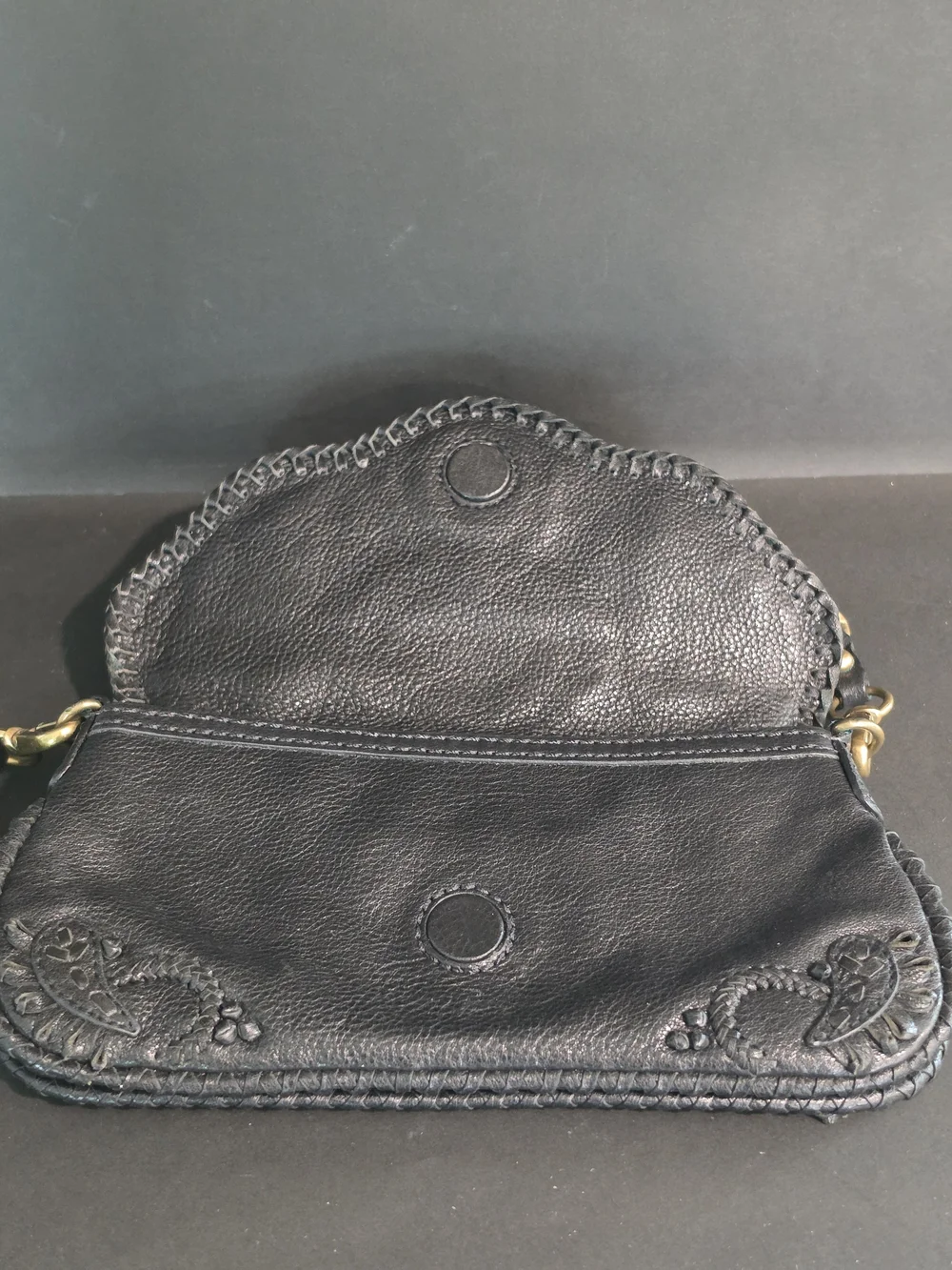 Black Embossed Leather Wristlet Clutch with Chain Strap
